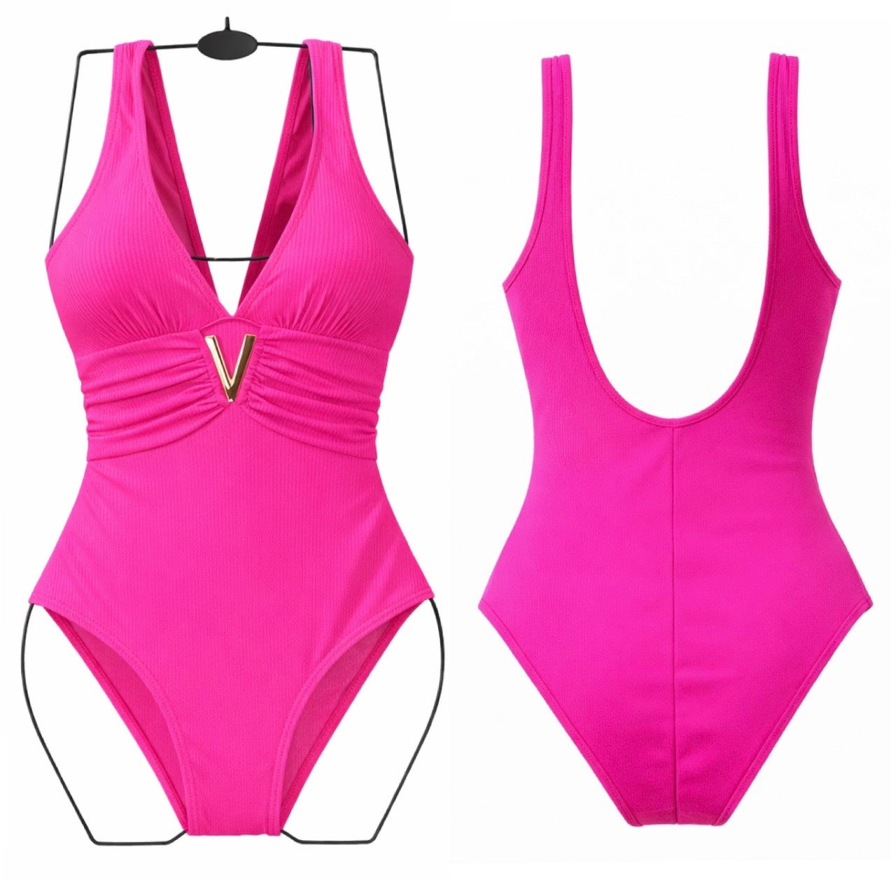 One-Piece Ribbed Swimsuit for Women, V-Neck Tummy Control Swimwear with Metal V-Shape Buckle Detail