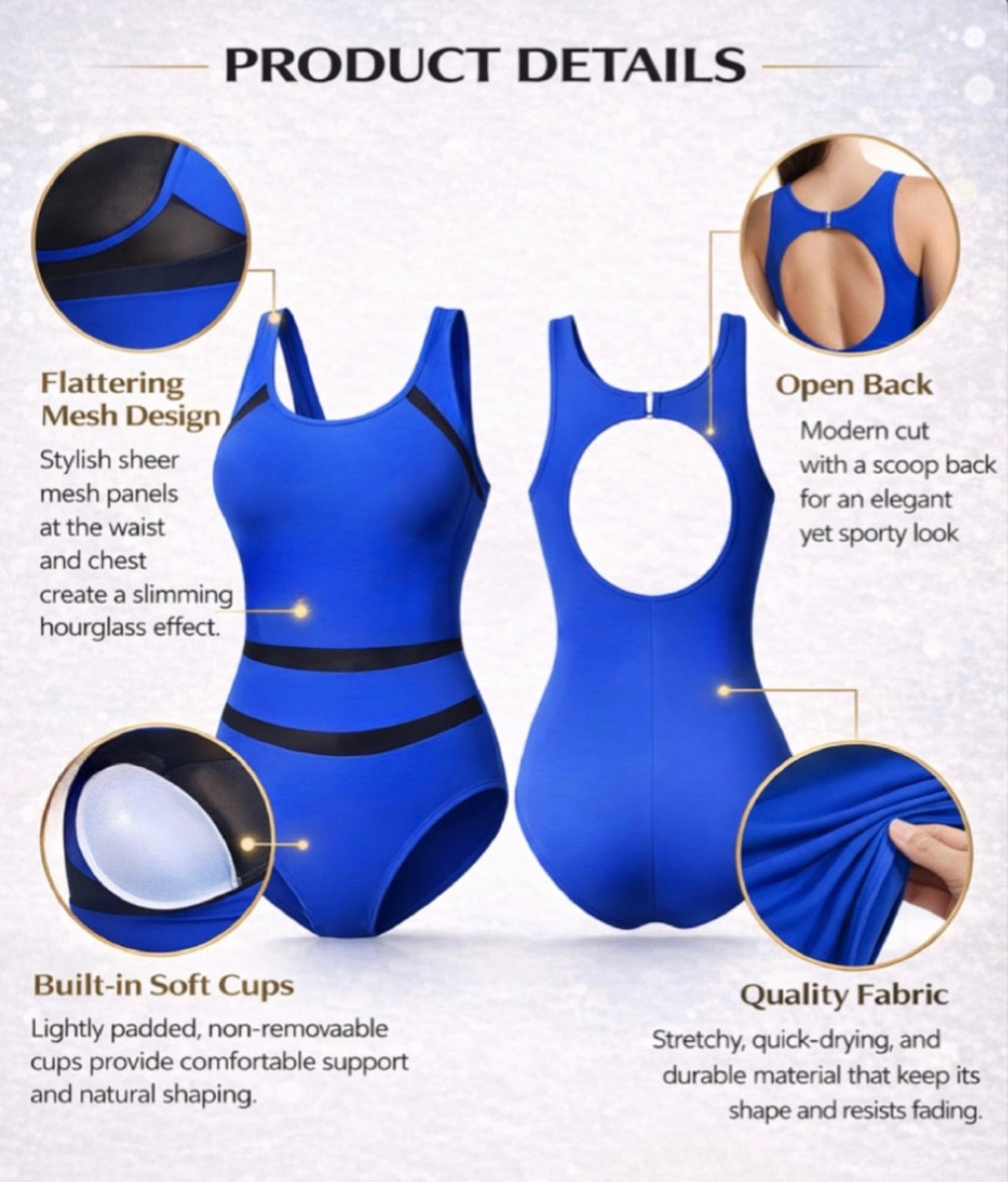 Women’s One Piece Swimsuit with Mesh Panels – Built-in Cups, Tummy Control Bathing Suit – Swimming, Beach & Sports