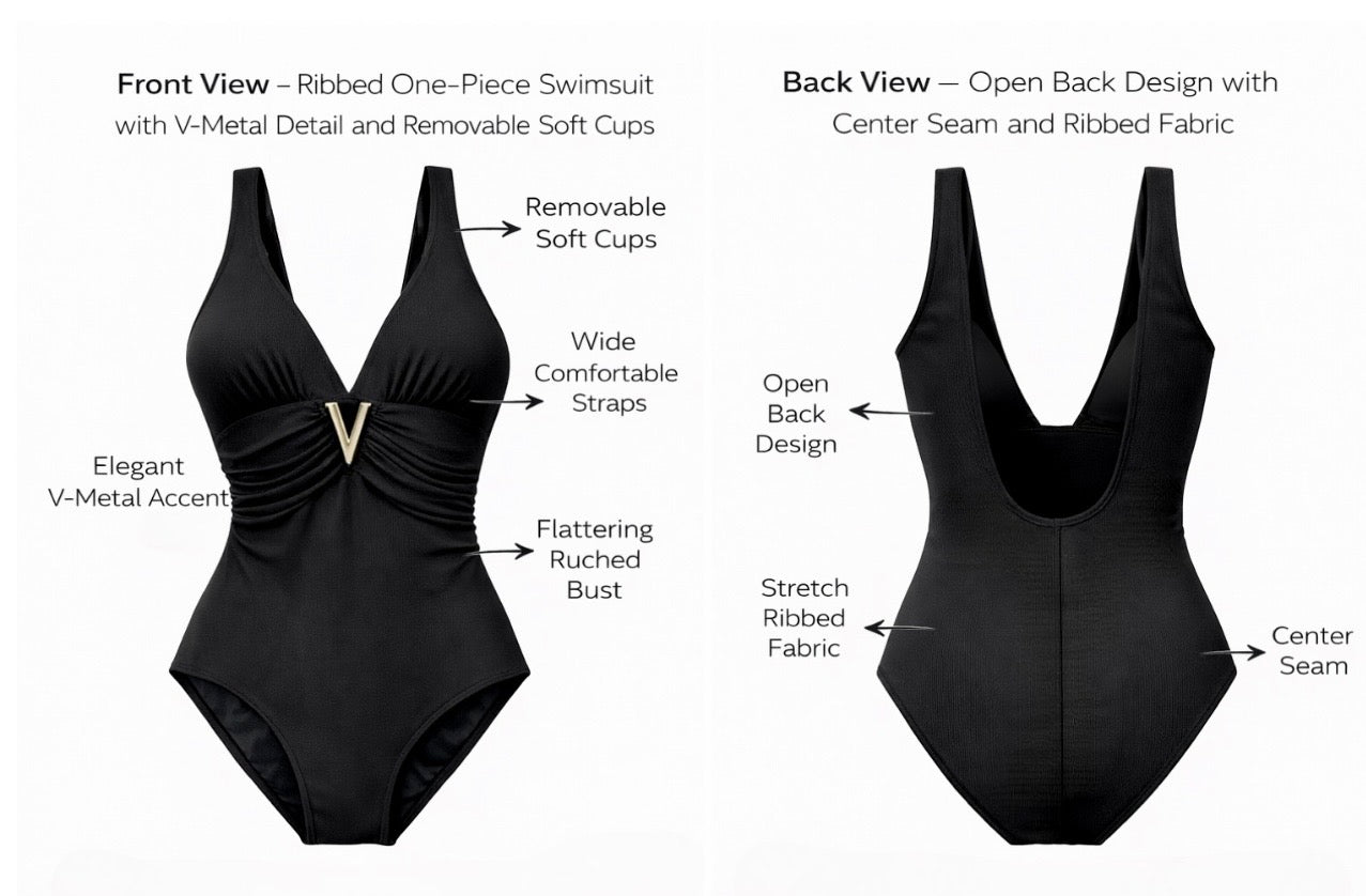One-Piece Ribbed Swimsuit for Women, V-Neck Tummy Control Swimwear with Metal V-Shape Buckle Detail