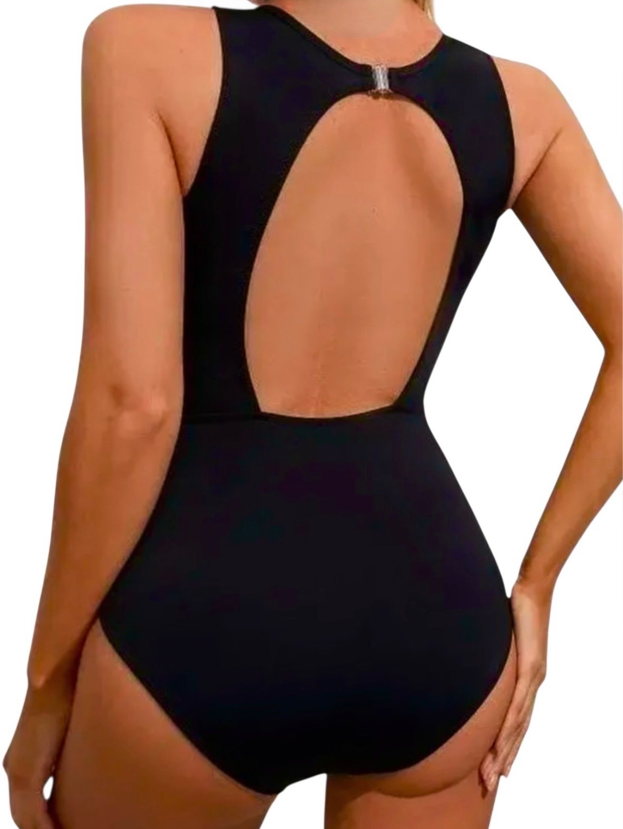 Women's One-Piece Swimsuit with Mesh Panel – Ruched Tummy Control, Supporitve Fit, Sizes S-7X – Black