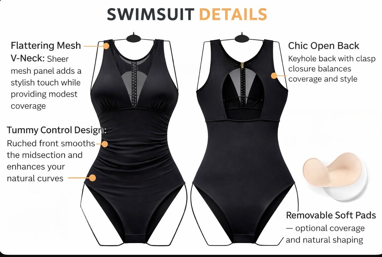 Women's One-Piece Swimsuit with Mesh Panel – Ruched Tummy Control, Supporitve Fit, Sizes S-7X – Black